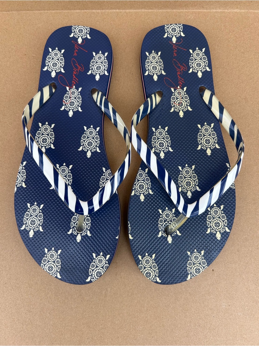 Vera Bradley Flip Flop Thong Sandals Zebra Stripes Turtle Navy Blue 7-8 Women’s